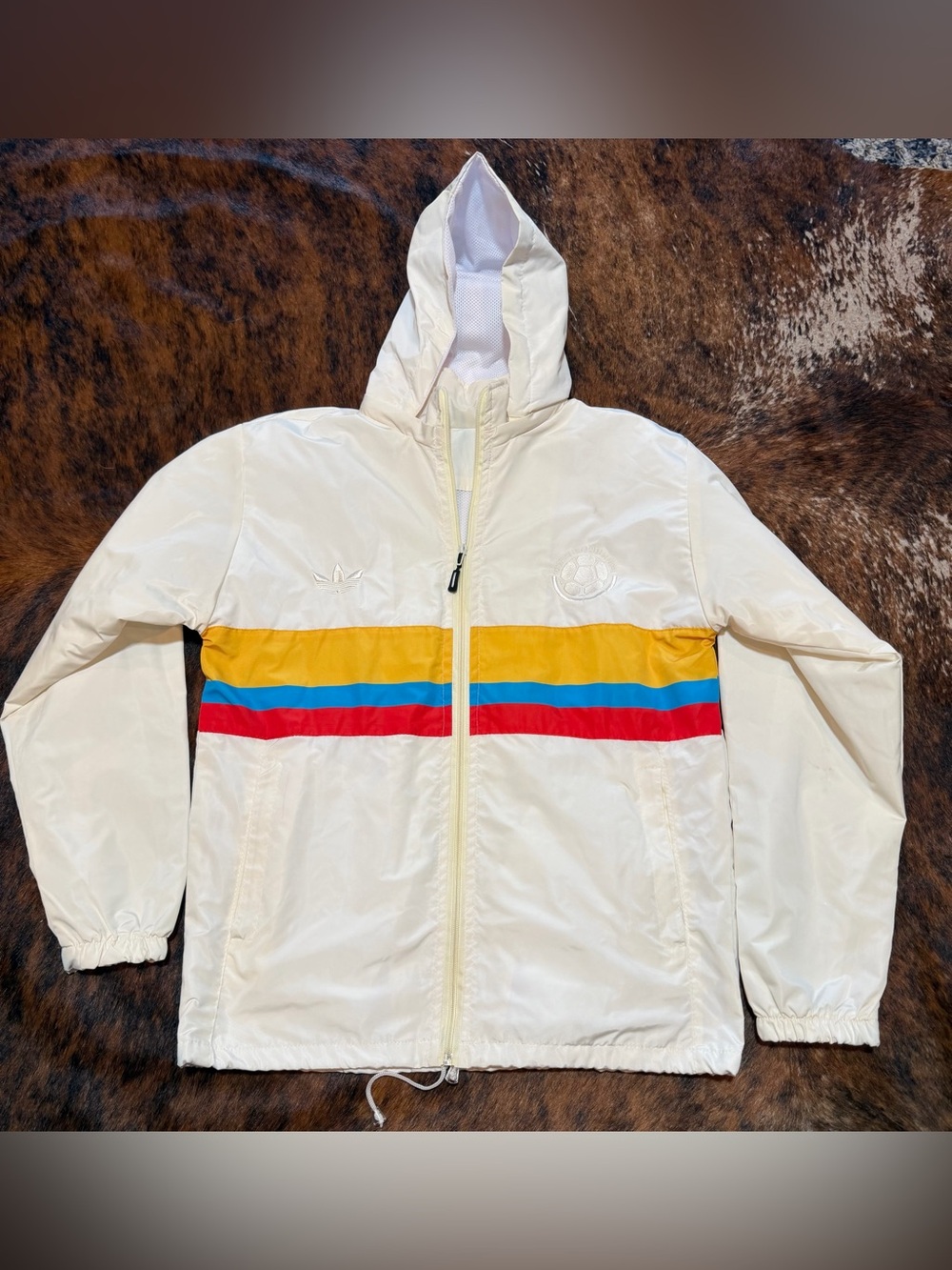 Vintage Adidas Colombia Soccer Jacket Mens M  White Yellow Blue Red Hooded RARE